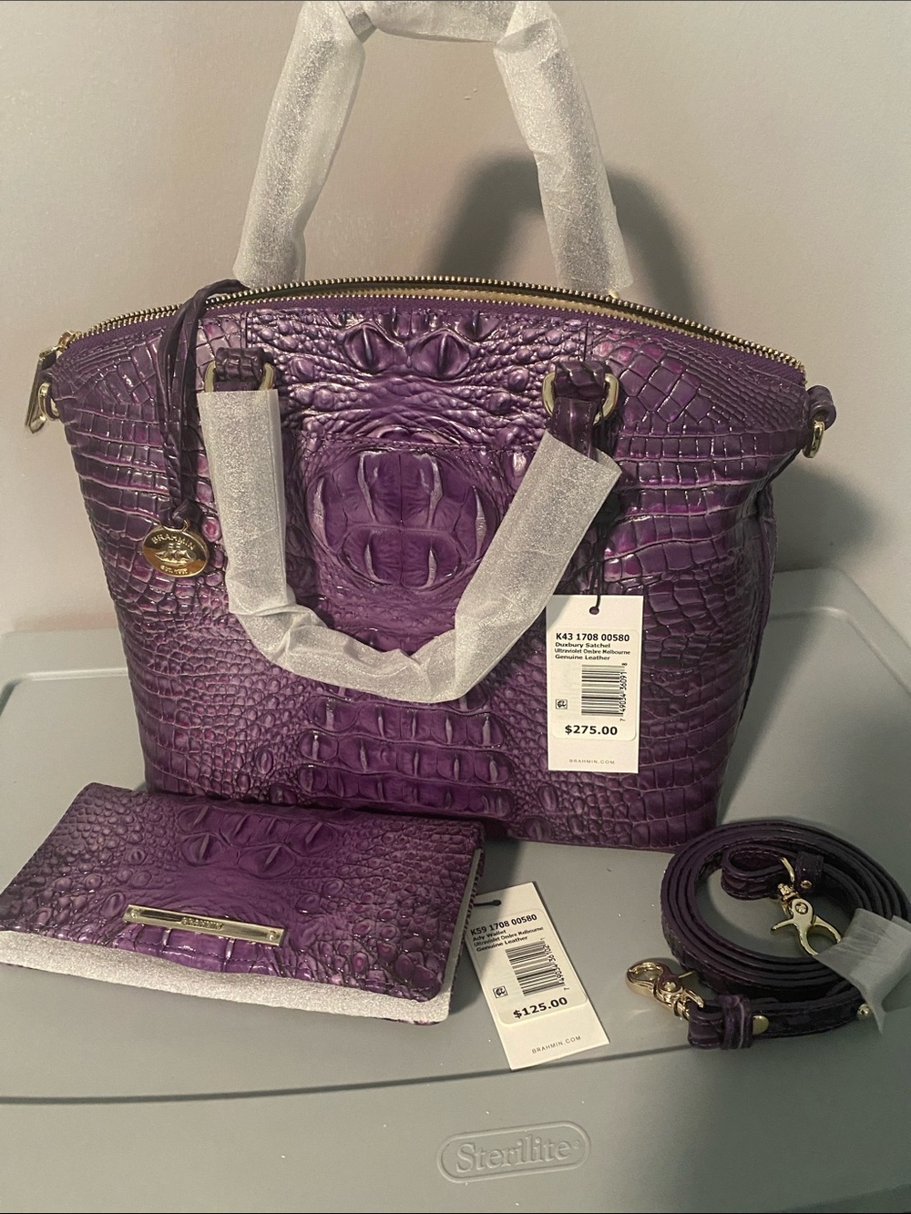 Purple Croc-Embossed Satchel Bag with Removable Strap